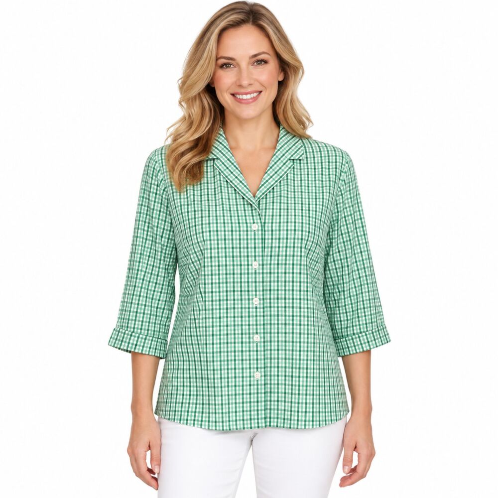 Talbots Y2K Green Gingham Plaid Fitted Shirt Size 12 LIKE NEW